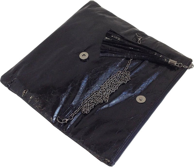 JNB Women's Cracked Metallic Fabric Foldover Clutch with Tassel - Image 3